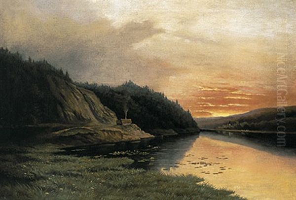 Abendliche Flusslandschaft Mit Prachtvoll Verfarbtem Horizont Und Spiegelndem Gewasser Oil Painting by Vladimir Donatovitch Orlovsky