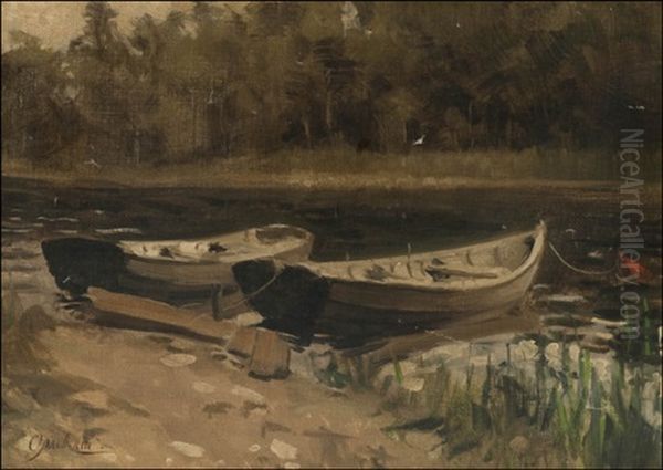 Boats On The Bank Oil Painting by Vladimir Donatovitch Orlovsky