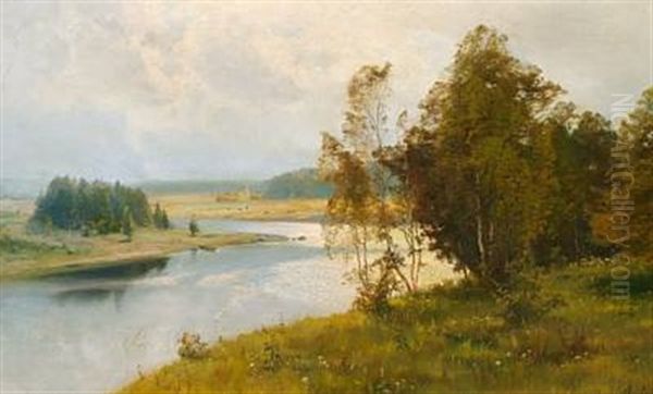 A River Landscape With A Church Beyond Oil Painting by Vladimir Donatovitch Orlovsky