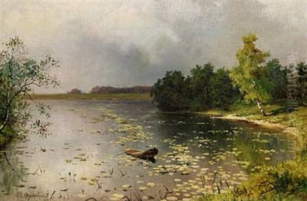 View Of A River Before A Thunderstorm Oil Painting by Vladimir Donatovitch Orlovsky