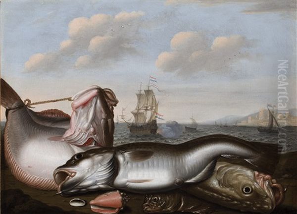 A Fish Still Life On A Beach With A Cod, Dutch Shipping Beyond Oil Painting by Willem Ormea