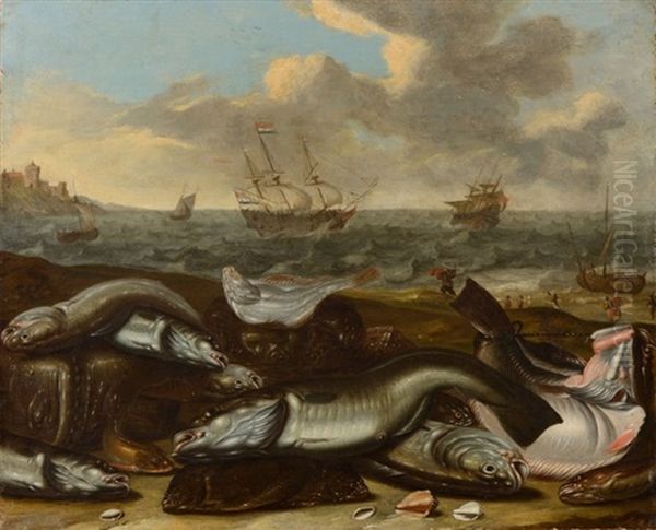 Etalage De Poissons Devant Des Navires Hollandais Oil Painting by Willem Ormea