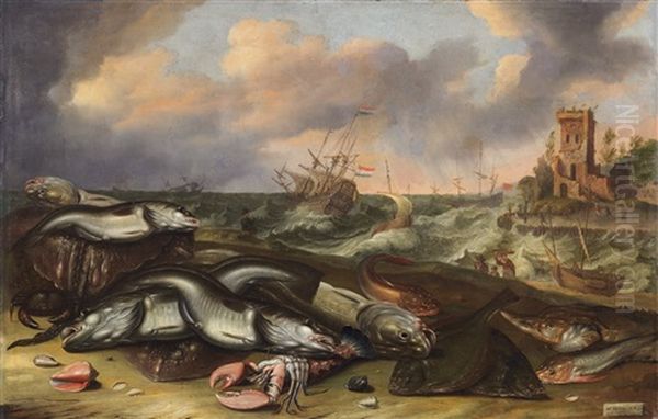 Fish Still Life With Stormy Sea Oil Painting by Willem Ormea