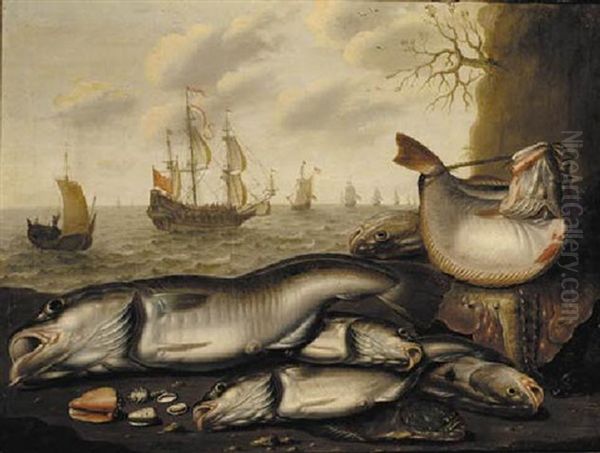 Skate, Sole, Cod, Chub And Assorted Shells Lying On A Beach With A Line Of Dutch Men-o'-war At Sea Beyond Oil Painting by Willem Ormea