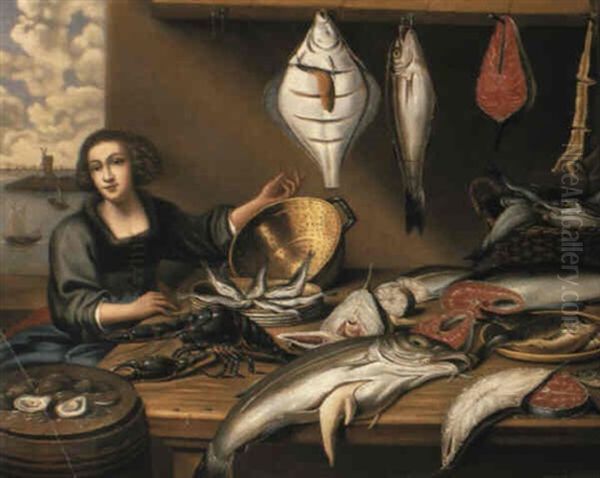 A Fishwife At A Fish-stall, An Estuary Seen Through A Casement Beyond Oil Painting by Willem Ormea