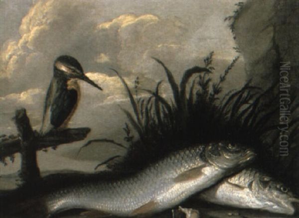 Chub And A Kingfisher On A Riverbank Oil Painting by Willem Ormea