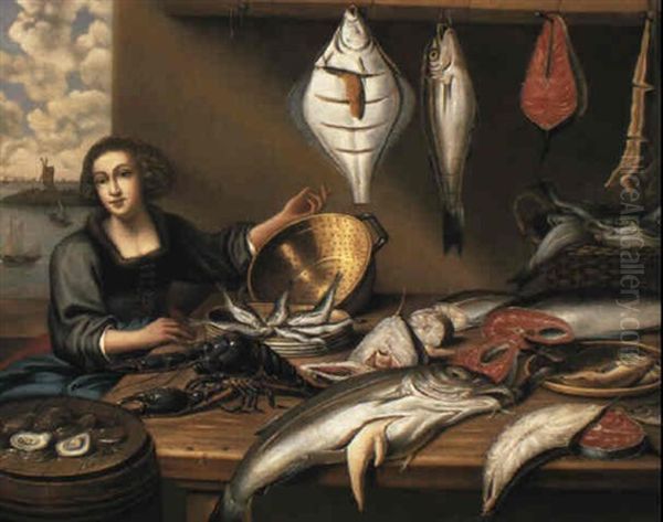 Fishwife At A Fish-stall Oil Painting by Willem Ormea