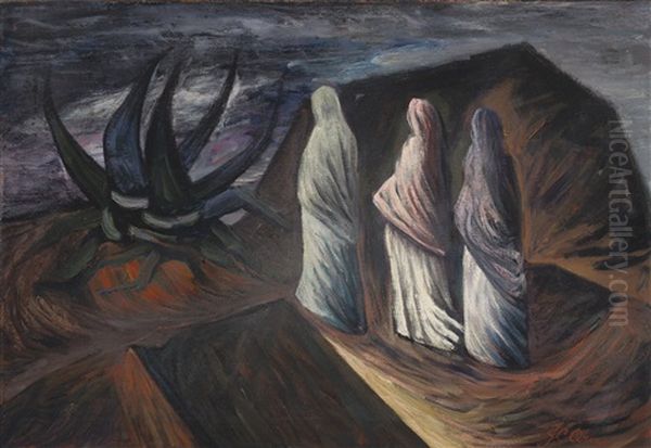 Paisaje Con Tres Mujeres Y Maguey Oil Painting by Jose Clemente Orozco