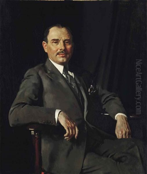 Portrait Of Sir Louis Bernhard Baron (1876-4934), Seated Three-quarter Length In A Grey Suit Oil Painting by Sir William Orpen