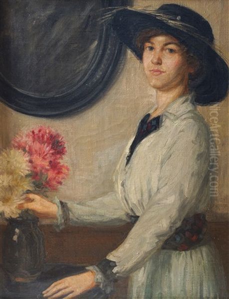 Portrait Of A Young Girl In An Interior Arranging Flowers Oil Painting by Sir William Orpen