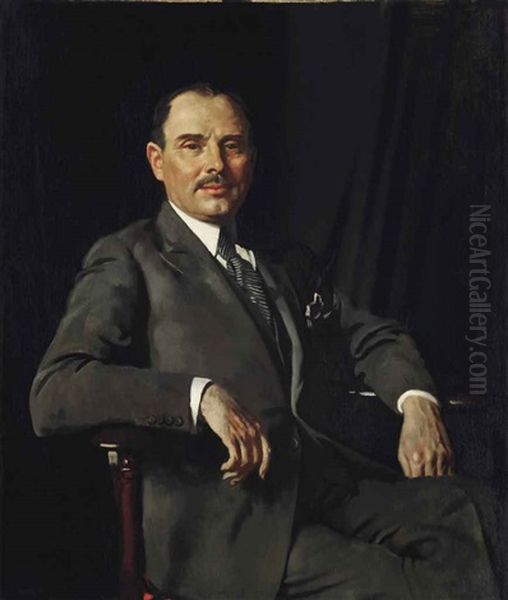 Portrait Of Sir Louis Bernhard Baron, Seated Three-quarter Length In A Grey Suit Oil Painting by Sir William Orpen