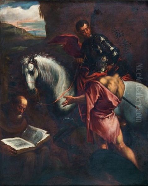 Saint Martin Donnant Son Manteau A Un Mendiant Et Saint Francois D'assise Lisant Oil Painting by Pedro Orrente