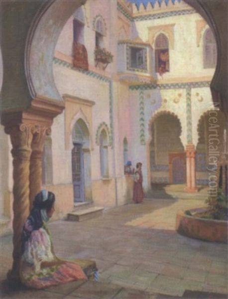 La Cour Du Chateau D'eau, Alger Oil Painting by Jose Benito Ortega