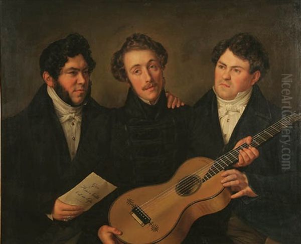 Three Men With Guitar Oil Painting by Benjamin Orth