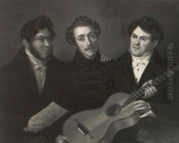 Three Men With A Guitar Oil Painting by Benjamin Orth