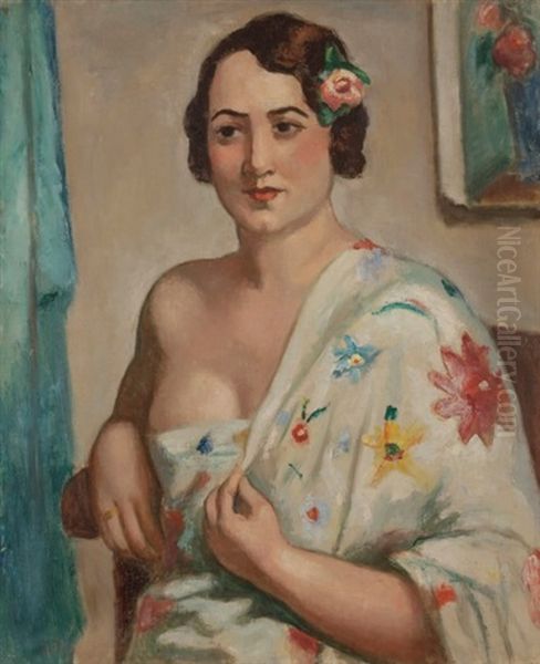 Femme En Buste Au Drape Fleuri by Manuel Ortiz De Zarate