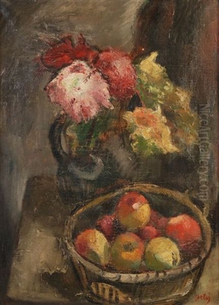 Nature Morte Au Bouquet Et Corbeille De Fruits Oil Painting by Manuel Ortiz De Zarate