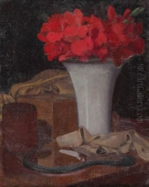 Jarron Con Flores Rojas Oil Painting by Manuel Ortiz De Zarate