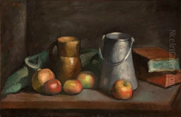 Bodegon Cacharros, Frutas Y Libros Oil Painting by Manuel Ortiz De Zarate