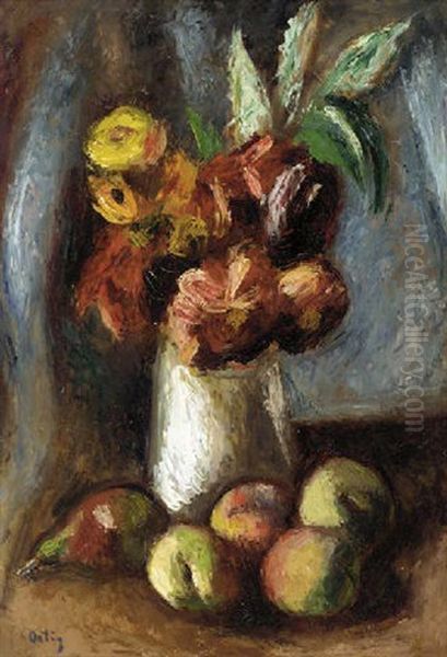 A Still Life With Flowers, Apples And Pears Oil Painting by Manuel Ortiz De Zarate