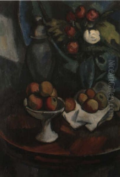 Nature Morte Aux Pivoines Et Aux Pommes Oil Painting by Manuel Ortiz De Zarate