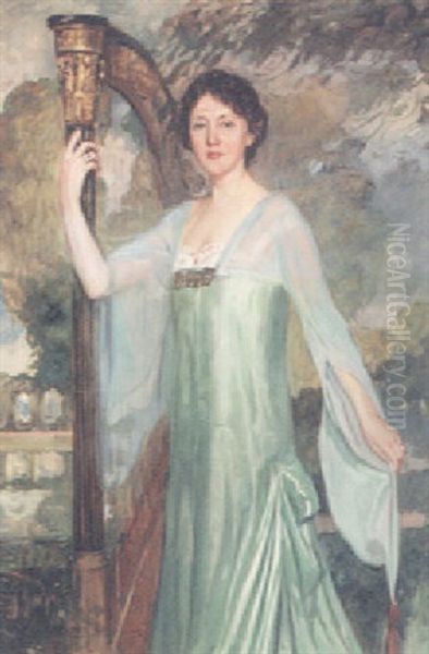 Portrait Of A Lady Wearing A Blue Gown And Standing Before A Harp Oil Painting by Antonio Ortiz Echaguee