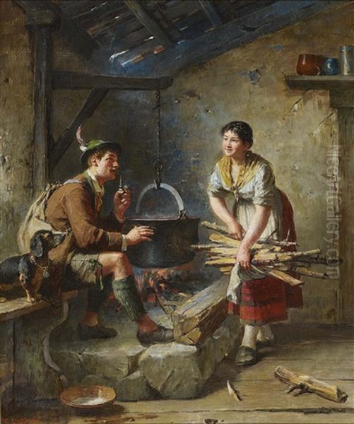 Hunter And Girl In The Kitchen Oil Painting by Friedrich Ortlieb