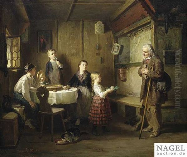 Interior With A Peasant Family Oil Painting by Friedrich Ortlieb