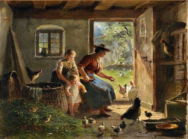 Familiengluck. Mutter Mit Kind Und Grosmutter Im Stall Beim Futtern Der Huhner Oil Painting by Friedrich Ortlieb