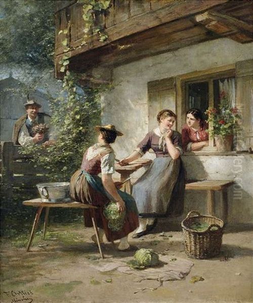 Eine Bauerin Wird In Anwesenheit Ihrer Freundinnen Von Einem Blumenkavalier Uberrascht Oil Painting by Friedrich Ortlieb