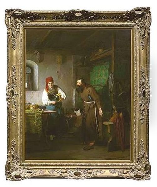 Besuch Eines Monches In Einer Kuche, Der Sich Von Der Dort Beschaftigten Magd Ein Glas Wein Einschenken Lasst Oil Painting by Friedrich Ortlieb