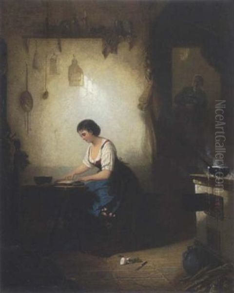 Junge Zitherspielerin In Der Stube Oil Painting by Friedrich Ortlieb