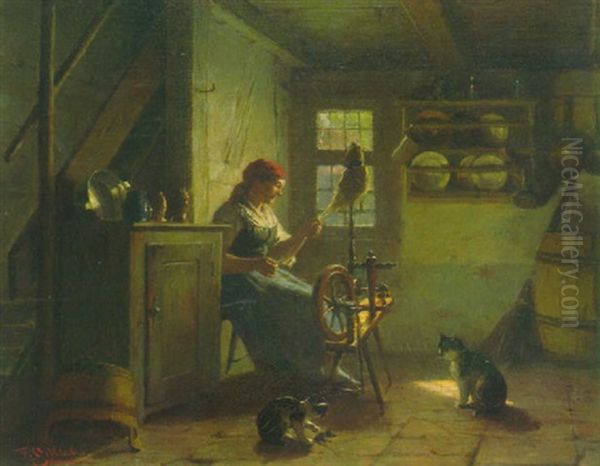 Spinnerin Oil Painting by Friedrich Ortlieb