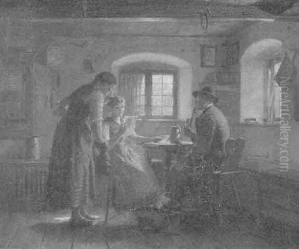 In Einer Bauernstube Liest Ein Junges Madchen Ihren Eltern Einen Brief Vor Oil Painting by Friedrich Ortlieb