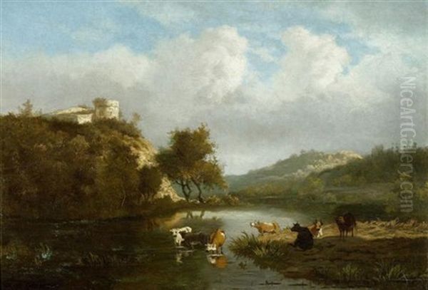 Kuhe An Einem Fluss Oil Painting by Francois Auguste Ortmans