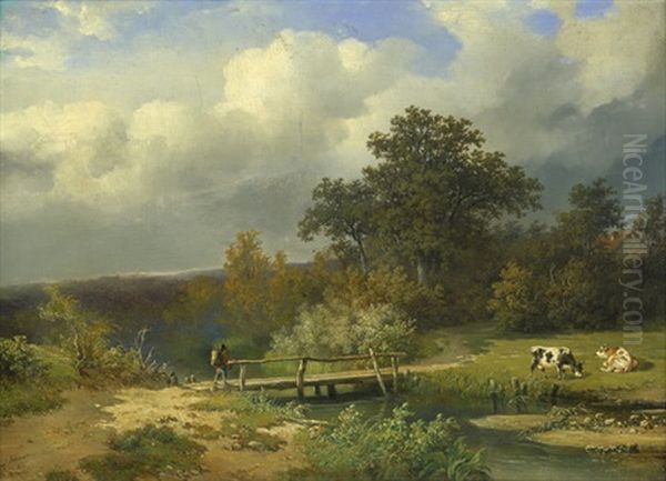 Idyllische Sommerlandschaft Mit Wanderer Und Zwei Kuhen Oil Painting by Francois Auguste Ortmans