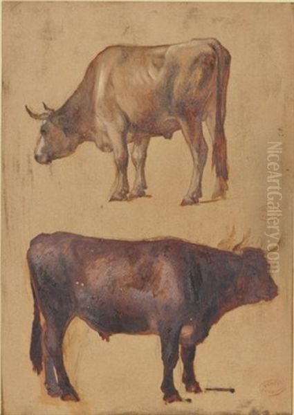 Tete De Vache (+ 5 Others (study), Works On Paper, Lrgr; 6 Works) Oil Painting by Francois Auguste Ortmans