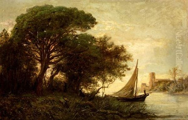 Voiliers Pres Des Grands Arbres Oil Painting by Francois Auguste Ortmans