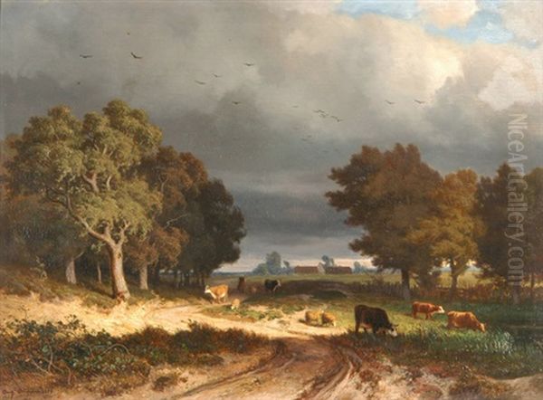 Gewitterlandschaft Mit Weidenden Kuhen Und Schafen Oil Painting by Francois Auguste Ortmans