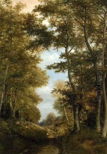 L'allee De Bas Breau A Barbizon (collab. W/theodore Rousseau) Oil Painting by Francois Auguste Ortmans