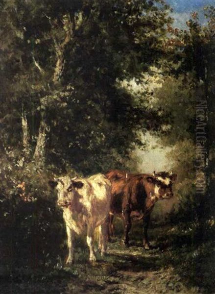 Zwei Kuhe Auf Einem Waldweg Oil Painting by Francois Auguste Ortmans