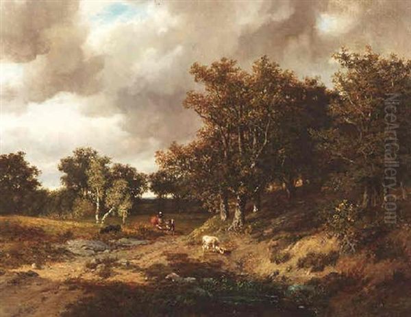 Vor Dem Gewitter. Sommerliche Waldlandschaft Mit Hirten Und Vieh Oil Painting by Francois Auguste Ortmans