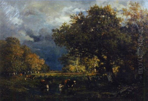 Vaches A La Mare Dans La Foret De Fontainebleau Oil Painting by Francois Auguste Ortmans