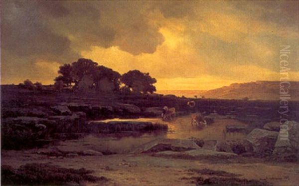 Vaches A L'etang Au Crepuscule Oil Painting by Francois Auguste Ortmans