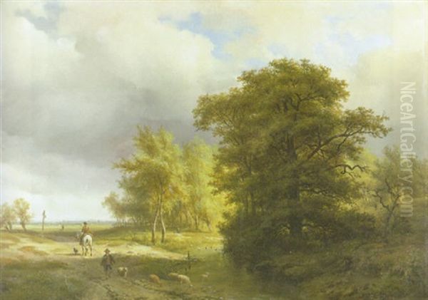 Weite Baumbestandene Landschaft An Einem Bachlauf Oil Painting by Francois Auguste Ortmans