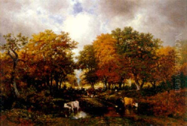 Cowherd In The Forest Of Fontainebleau Oil Painting by Francois Auguste Ortmans