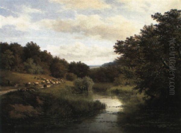 A Shepherd With Goat And Sheep On A Path Beside A River Oil Painting by Francois Auguste Ortmans