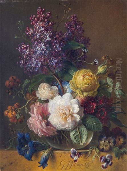 A Still Life Of Roses, Lilacs, Sweet William And Other Flowers In A Vase On A Marble Ledge Oil Painting by Georgius Jacobus Johannes van Os