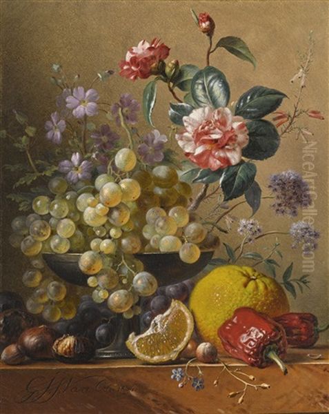 Still Life With A Camelia Spray, Cornflowers And Grapes In A Silver Bowl, With Nuts, An Orange And Red Peppers, All On A Marble Ledge Oil Painting by Georgius Jacobus Johannes van Os