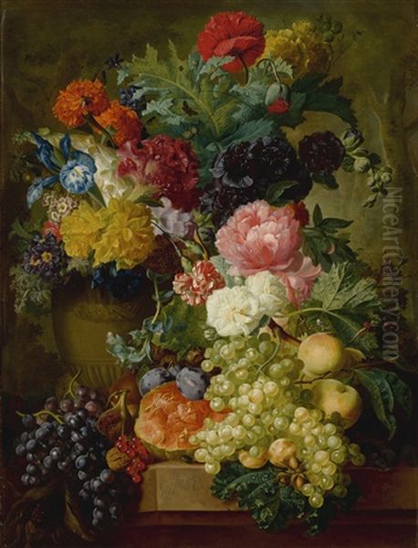 Elaborate Still Life Of Flowers And Fruit Resting On A Stone Ledge, A Wooded Landscape Beyond Oil Painting by Georgius Jacobus Johannes van Os